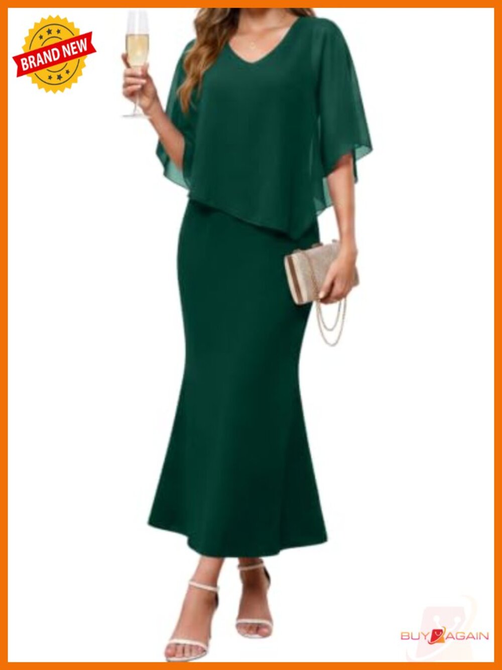 Womens Chiffon Cape Overlay V Neck Mermaid Maxi Dress Cocktail Gown